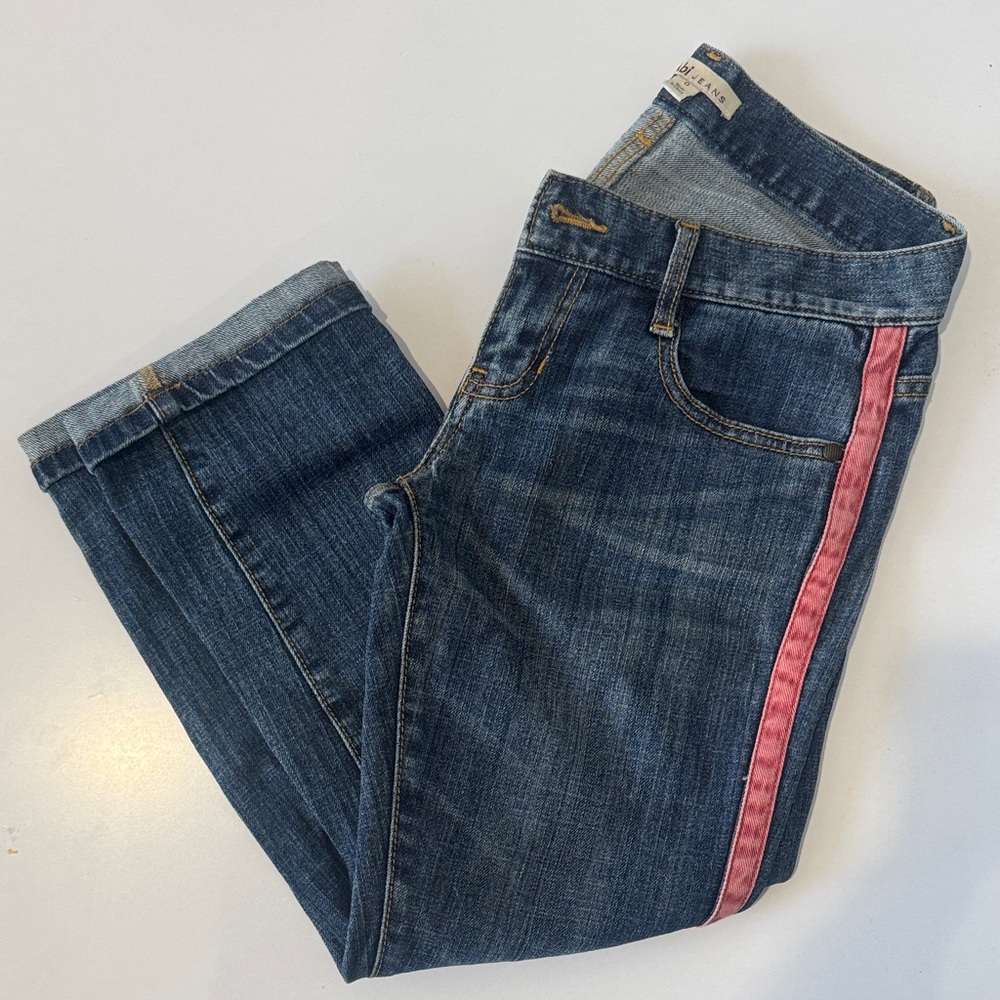 CAbi Dark Blue Denim Capri Jeans with Pink Side Band